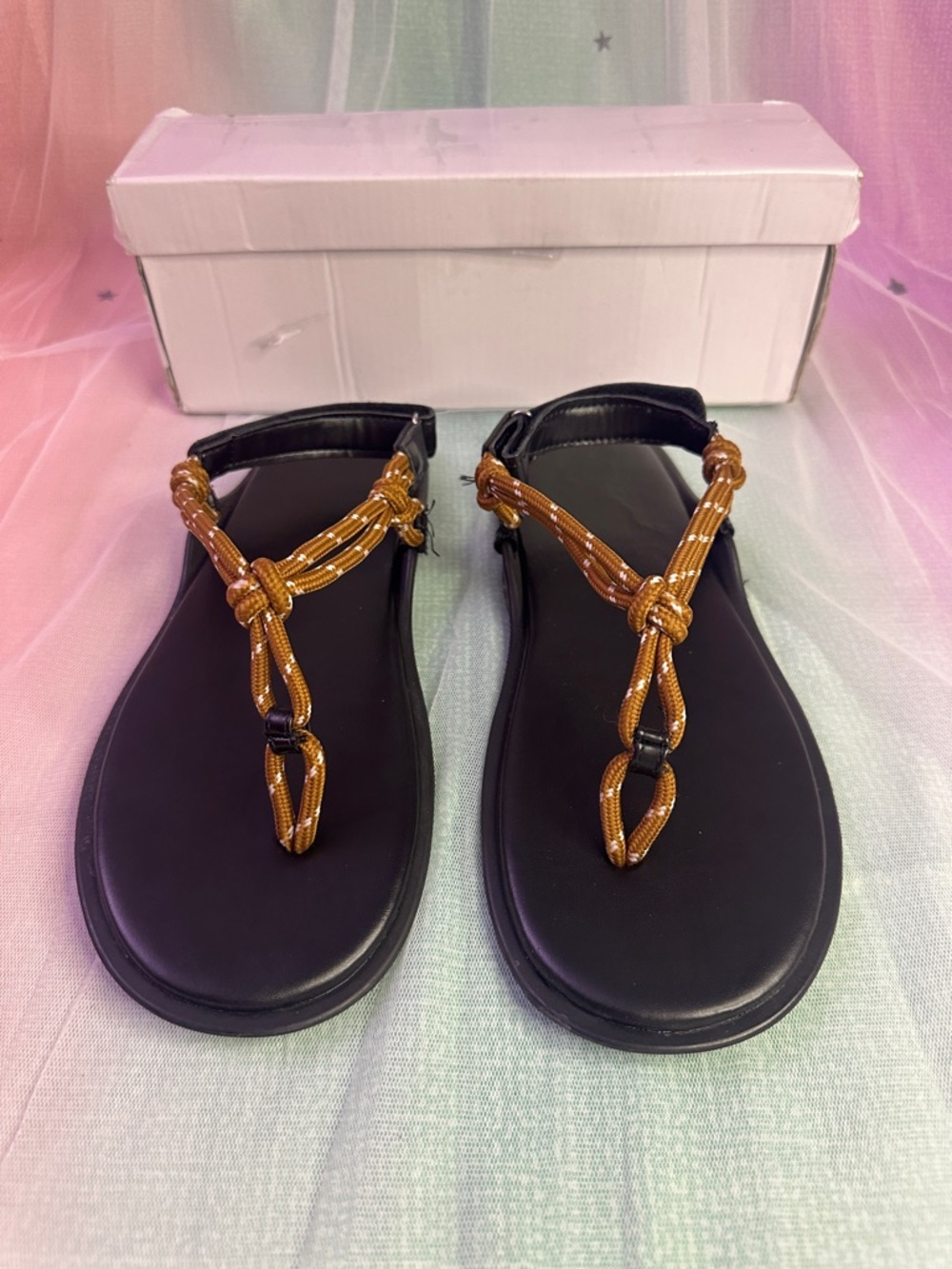 Black Sandal with Brown Rope T-Strap — Women